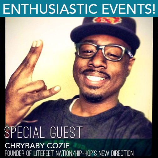 Harlem-based Lite Feet Hip Hop dancer Chrybaby Cozie dons a baseball cap, glasses and wide grin in his headshot